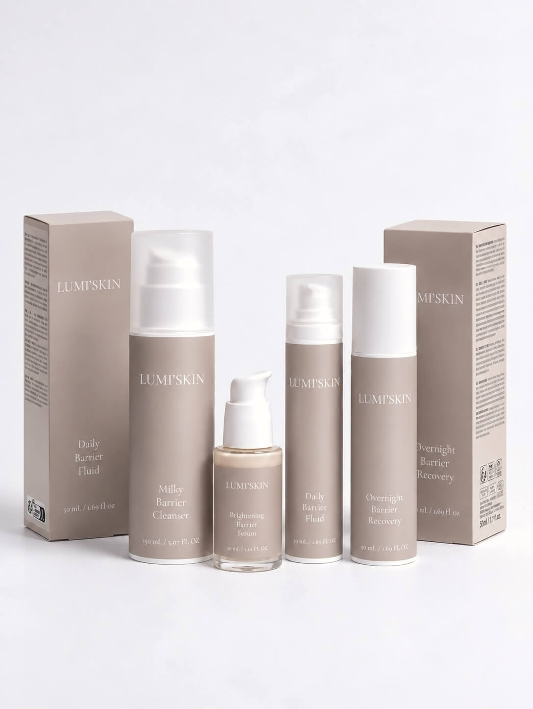 Lumi'Skin Complete Routine pompflacons op witte achtergrond